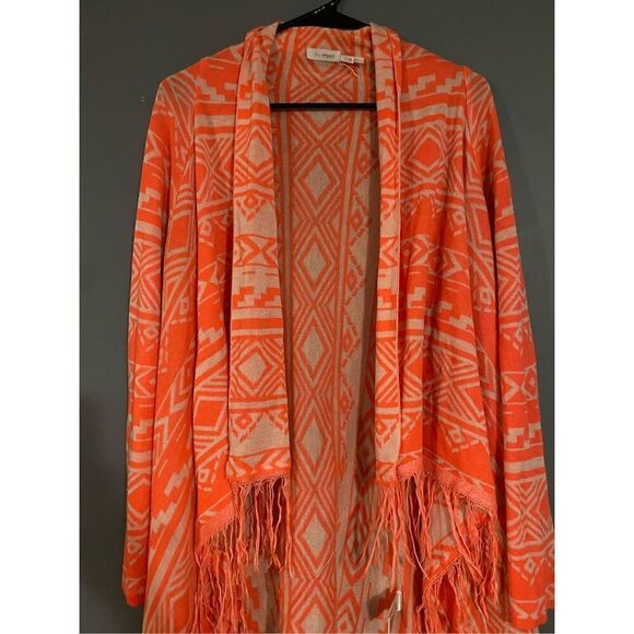 BLU PEPPER Neon Coral Knit Aztec Fringe Cardigan Size Medium - Picture 6 of 7